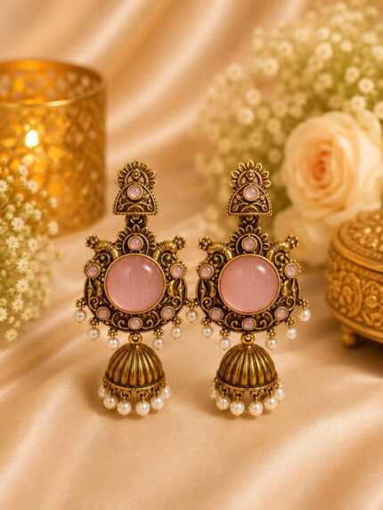 Blush Pink Antique Gold Pearl Jhumka Earrings – Elegant Ethnic Statement Earrings