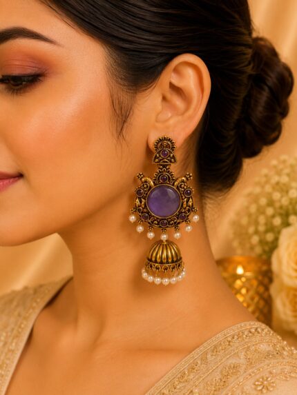 Antique Purple Stone Pearl Jhumka Earrings for Women