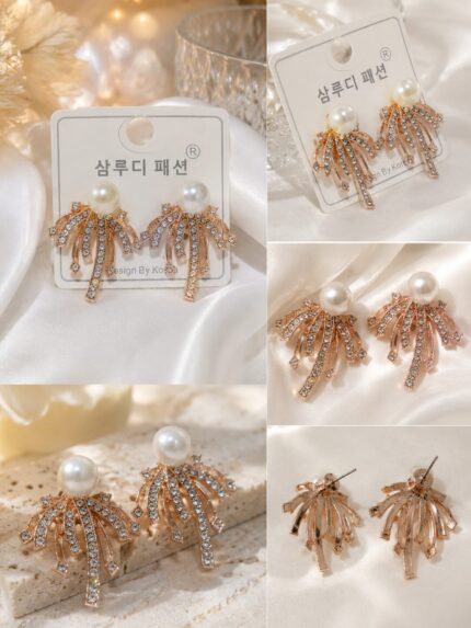 Rose Gold Pearl Waterfall Earrings – Korean Style Crystal Stud Earrings