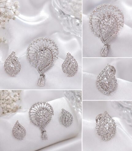 Silver Peacock Feather Crystal Pendant Set with Matching Stud Earrings