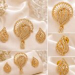 gold Peacock Feather Crystal Pendant Set with Matching Stud Earrings