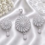 Luxury silver Floral Crystal Pendant Set with Matching Drop Earrings