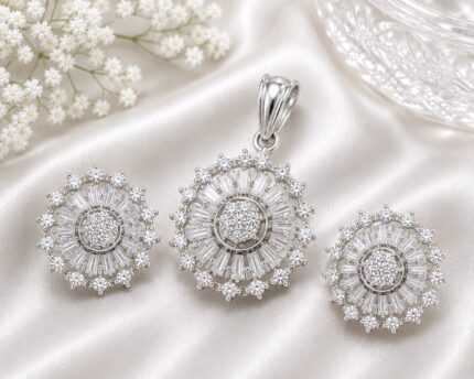Luxury silver Sunburst Crystal Pendant Set with Matching Stud Earrings