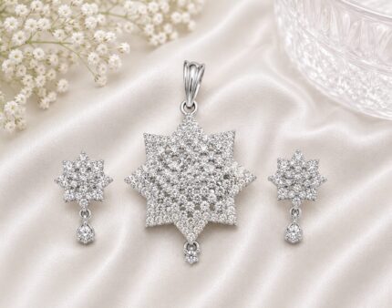 Luxury Silver Starburst Crystal Pendant Set with Matching Drop Earrings