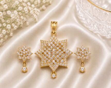 Luxury Silver Starburst Crystal Pendant Set with Matching Drop Earrings