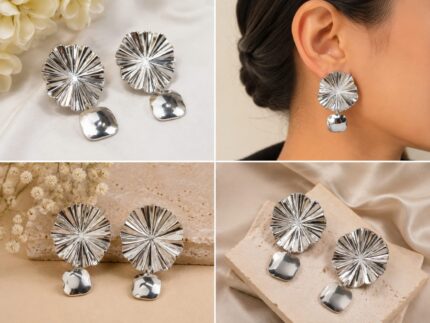 Silver Sunburst Statement Drop Earrings for Women | Trendy Western Party Earrings