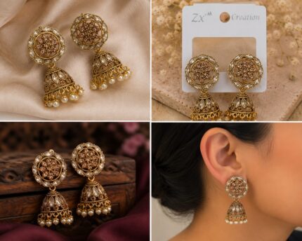 Antique Gold Jhumka Earrings with Crystal Stones & Pearl Drops