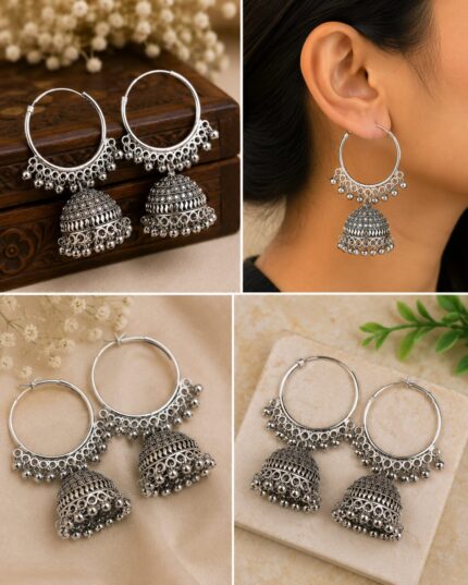 Oxidised Silver Hoop Jhumka Earrings with Ghungroo Beads