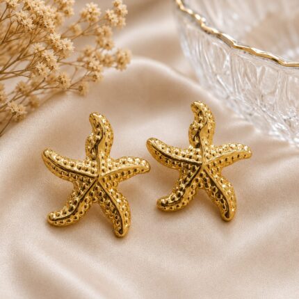 Golden Starfish Stud Earrings for Women | Stainless Steel Beach Style Statement Earrings