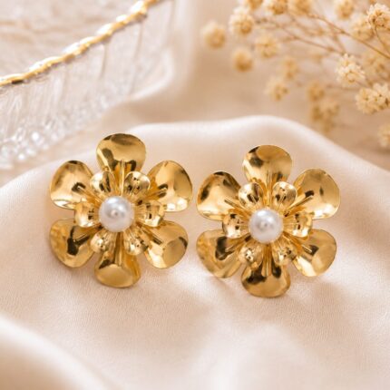 Golden Floral Pearl Stud Earrings for Women | Elegant Flower Statement Earrings