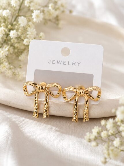 Elegant Gold Bow Stud Earrings for Women | Cute Ribbon Knot Fashion Earrings