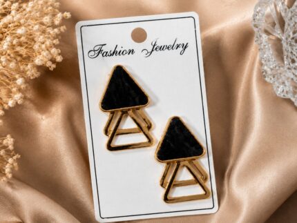 Black Geometric Triangle Statement Earrings for Women | Gold Tone Fashion Jewelry