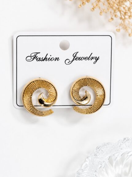 Golden Spiral Statement Earrings for Women | Vintage Textured Swirl Fashion Earrings