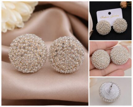 Luxury Pearl Crystal Dome Stud Earrings – Elegant Statement Party Wear ✨