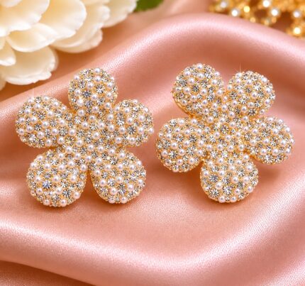 Pearl Blossom Crystal Flower Stud Earrings