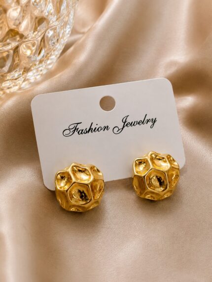Golden Honeycomb Statement Stud Earrings for Women | Trendy Gold-Plated Geometric Earrings