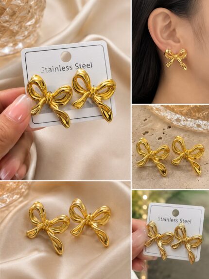 Golden Bow Knot Stainless Steel Earrings for Women