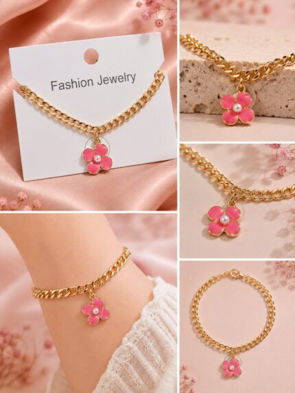 🌸✨ Pink Blossom Charm Bracelet 🌸💖
💎 Elegant Gold Chain Bracelet with Pearl Flower Charm ✨