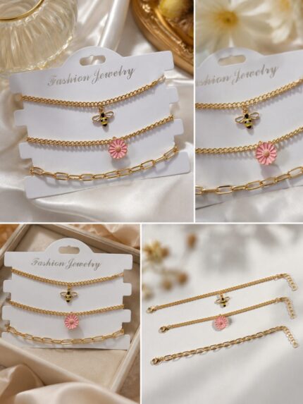 ✨ Bee & Blossom Charm Bracelet Set – Gold Layered Fashion Jewelry ✨