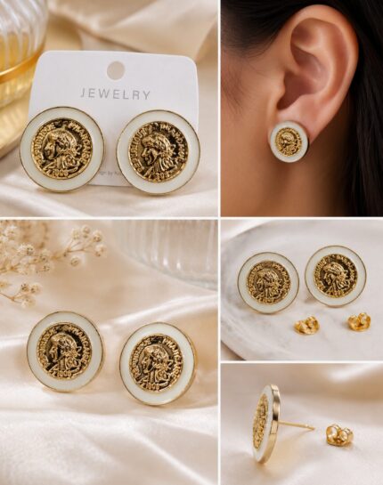 Vintage Roman Coin White Enamel Stud Earrings