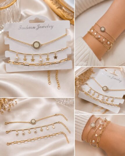 ✨ Celestial Pearl & Star Layered Bracelet Set – Gold Charm Collection ✨