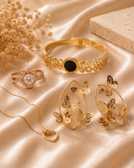 💛 Premium Gold-Tone Jewelry Collection – Ring, Bracelet, Necklace & Earrings