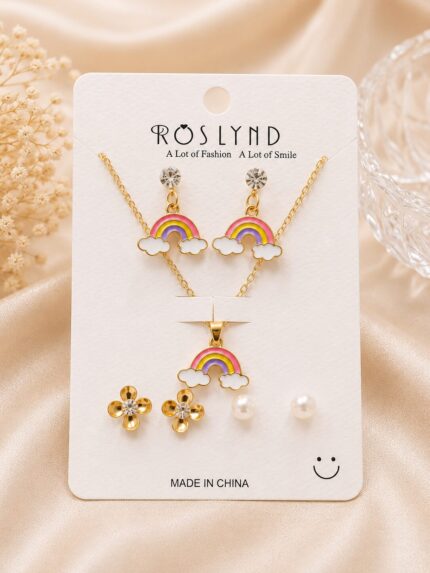 Pastel Rainbow Pendant Necklace & Earrings Set for Girls | Gold Plated Rainbow Jewellery Set