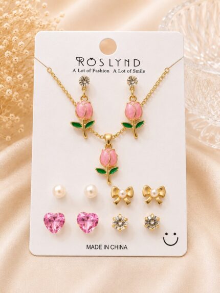 Pink Rose Pendant Necklace & Earrings Set for Women | Gold Plated Floral Jewellery Set