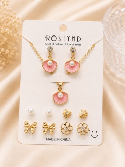 Pink Pearl Seashell Pendant Necklace & Earrings Set for Women | Gold Plated Ocean-Inspired Jewellery Set