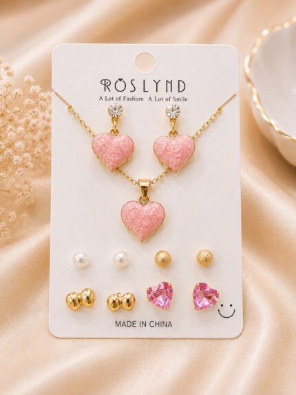 Pink Heart Pendant Necklace & Earrings Set for Women | Gold Plated Heart Jewellery Set