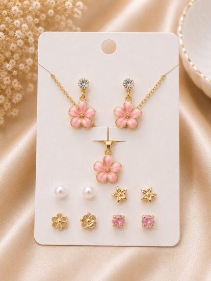 Pink Flower Pendant Necklace & Earring Set with Multi Stud Earrings for Girls | Gold Plated Jewellery Set