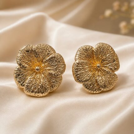 Luxury Gold Floral Statement Stud Earrings for Women | Anti-Tarnish Designer Flower Earrings