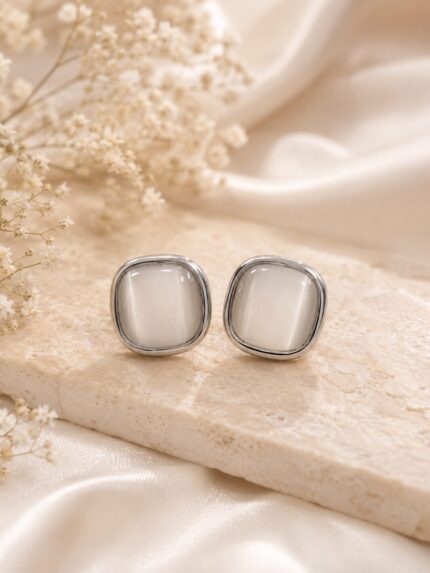 Silver White Square Stud Earrings for Women | Premium Stainless Steel Minimalist Earrings