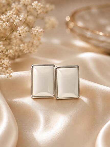Elegant White Rectangle Stud Earrings for Women | Premium Stainless Steel Minimalist Earrings