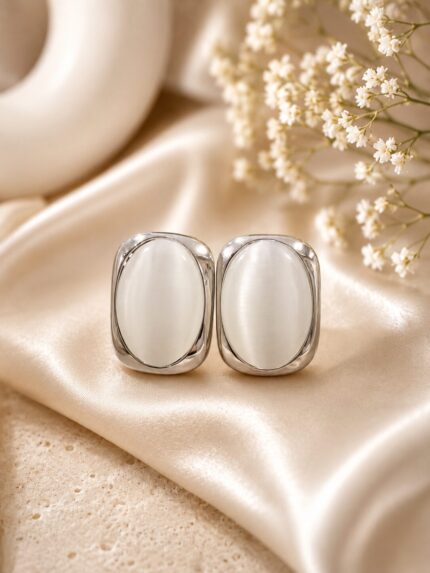 Elegant Oval White Stud Earrings for Women | Premium Stainless Steel Minimalist Earrings