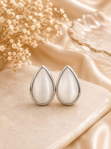 Elegant White Teardrop Stud Earrings for Women | Premium Stainless Steel Pearl Finish Earrings