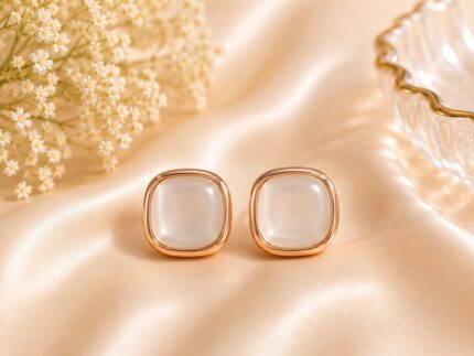 Luxury Square White Stud Earrings with Rose Gold Finish | Premium Stainless Steel Earrings for Women