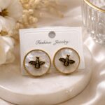 Golden Bee Pearl Disc Stud Earrings – Vintage Luxury Statement Earrings