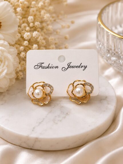 Golden Pearl Blossom Stud Earrings
