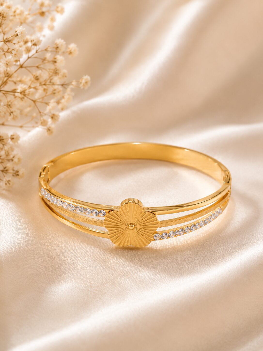 2026/07/1000361550.jpg Elegant Gold Floral Crystal Bangle Bracelet - Image 1