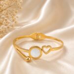 Elegant Gold Heart & Pearl Stainless Steel Bangle Bracelet