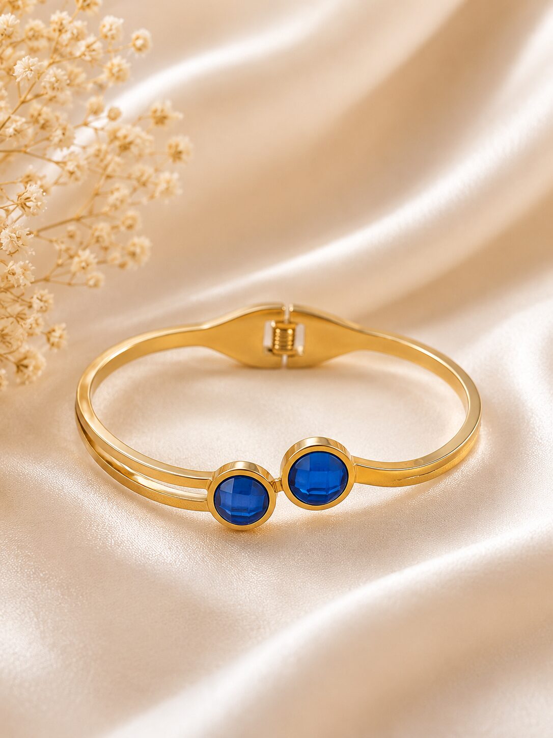 2026/07/1000361553.jpg Luxury Gold Blue Stone Stainless Steel Bangle Bracelet - Image 1