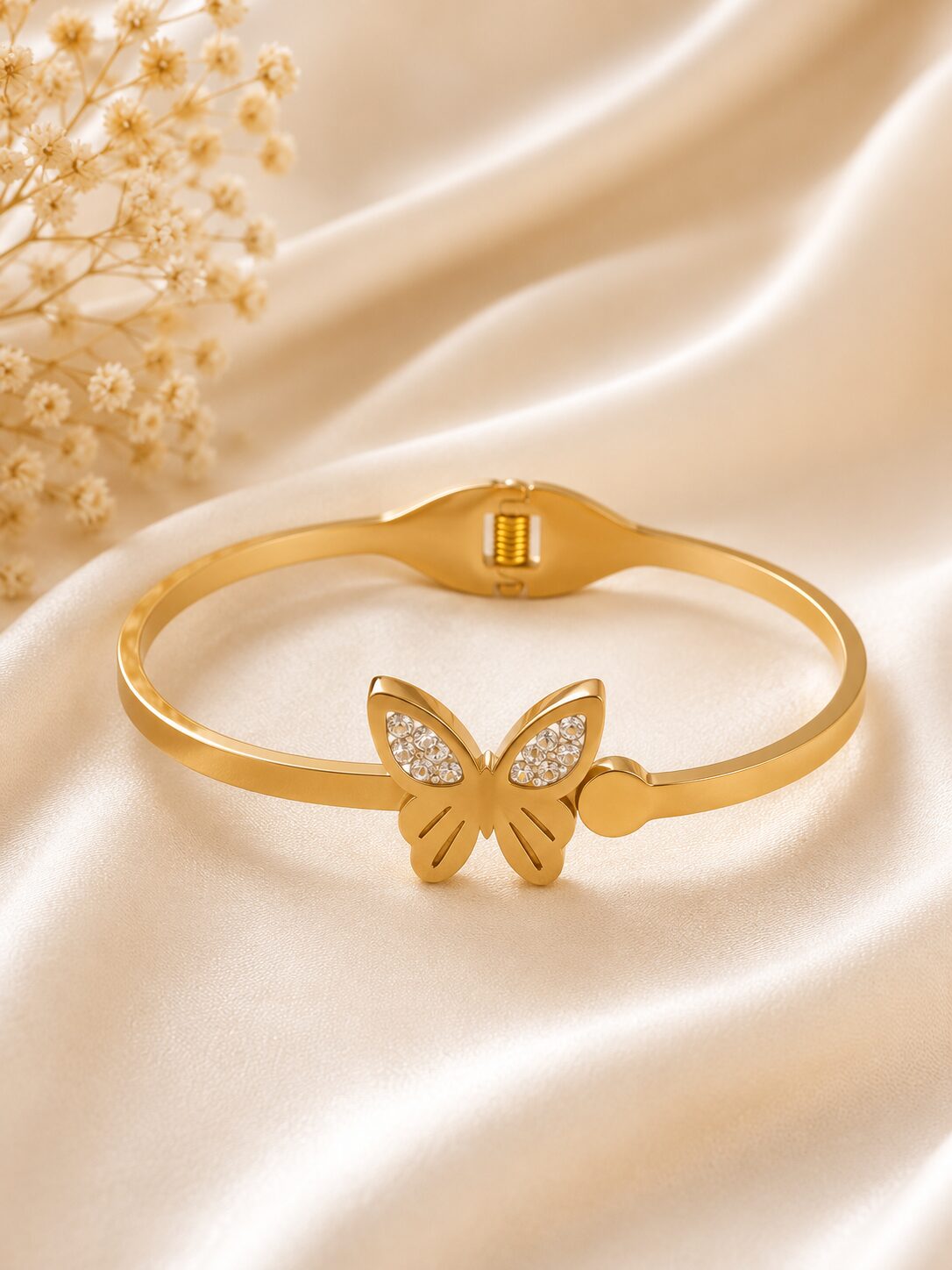 2026/07/1000361554.jpg Elegant Gold Butterfly Crystal Stainless Steel Bangle Bracelet - Image 1