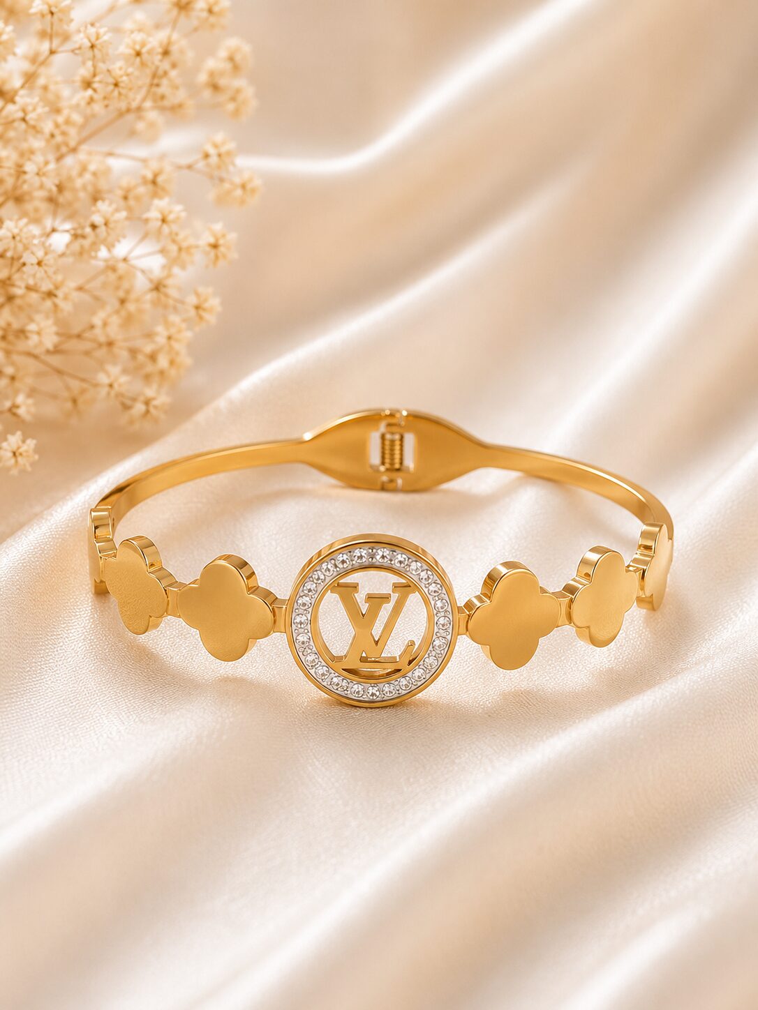 2026/07/1000361556.jpg Luxury Gold Clover Designer Stainless Steel Bangle Bracelet - Image 1