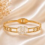 Luxury Gold Double C Crystal Stainless Steel Bangle Bracelet