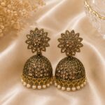 Antique Gold Floral Jhumka Earrings with Pearl Drops