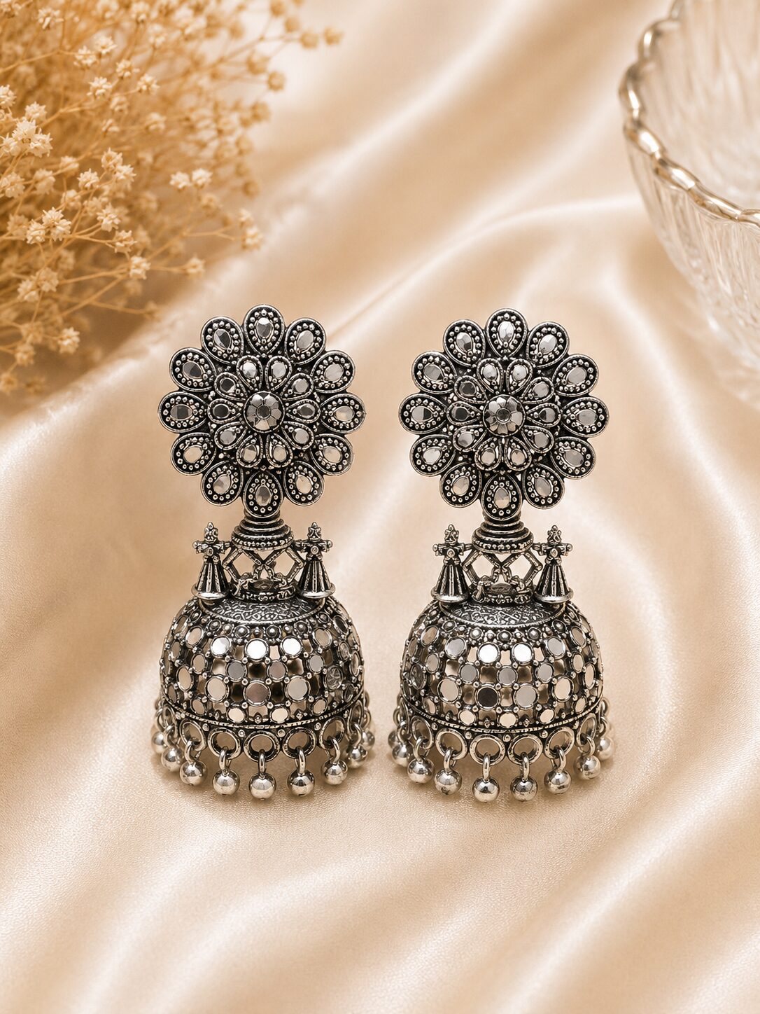 2026/07/1000727550.jpg Oxidised Silver Floral Jhumka Earrings - Image 1