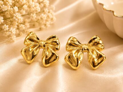 Luxury Gold Bow Knot Stainless Steel Stud Earrings for Women | Anti-Tarnish Ribbon Earrings