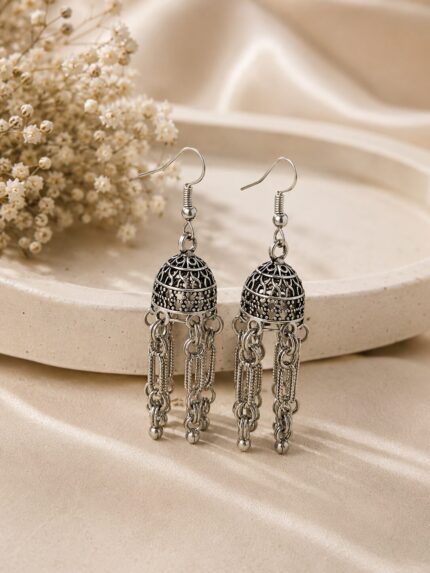 ✨ Oxidised Silver Chain Tassel Jhumka Earrings for Women | Boho Ethnic Dangle Earrings