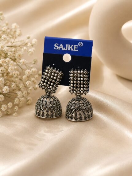 ✨ Oxidised Silver Dome Jhumka Earrings for Women | Vintage Ethnic Stud Jhumki Earrings